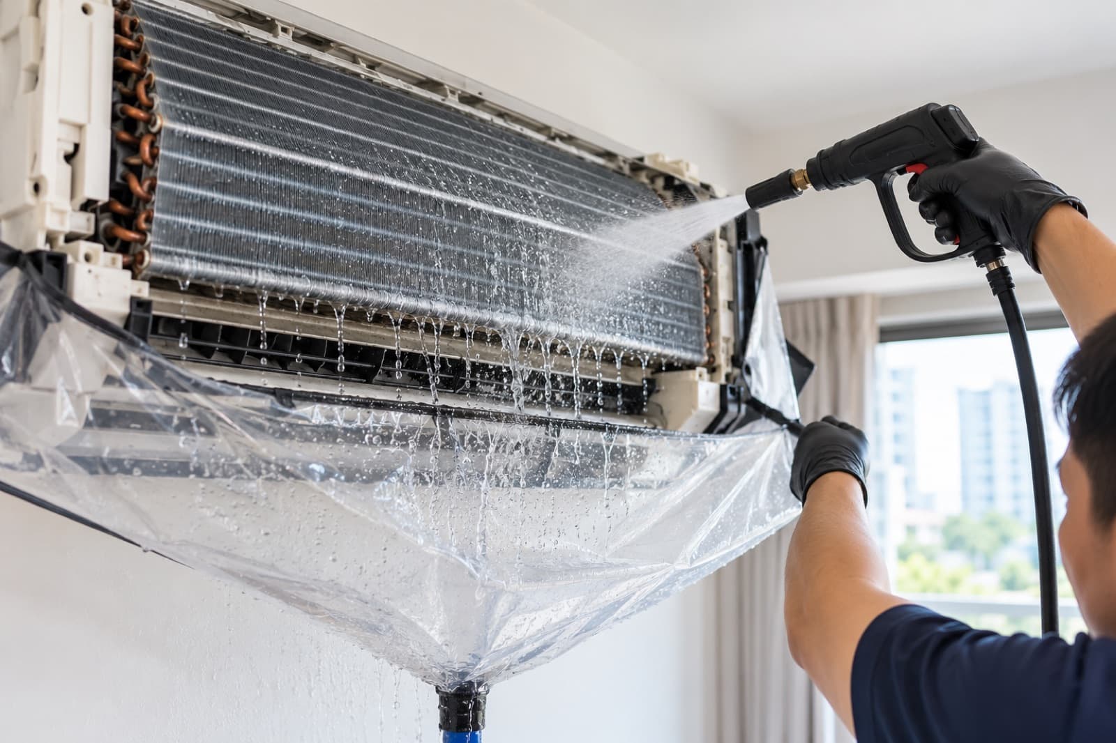 An air conditioner coil being rinsed with a fine spray into a wash bag