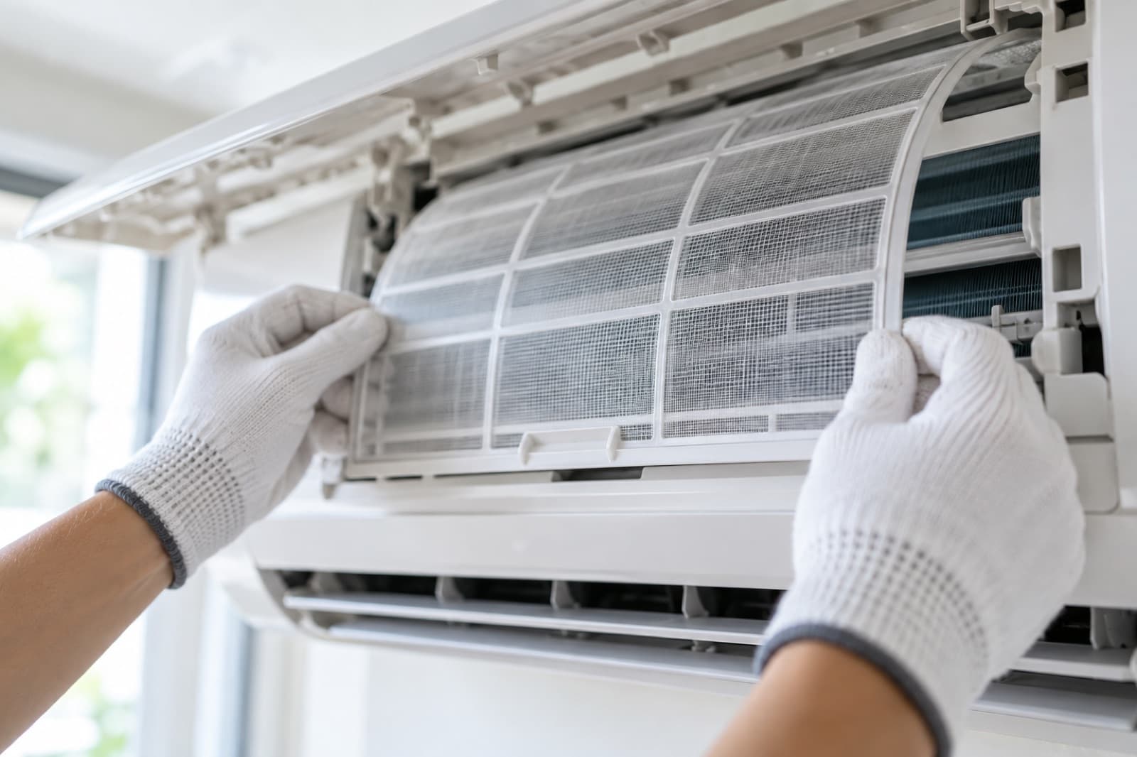 Gloved hands sliding a clean filter back into a wall-mounted air conditioner