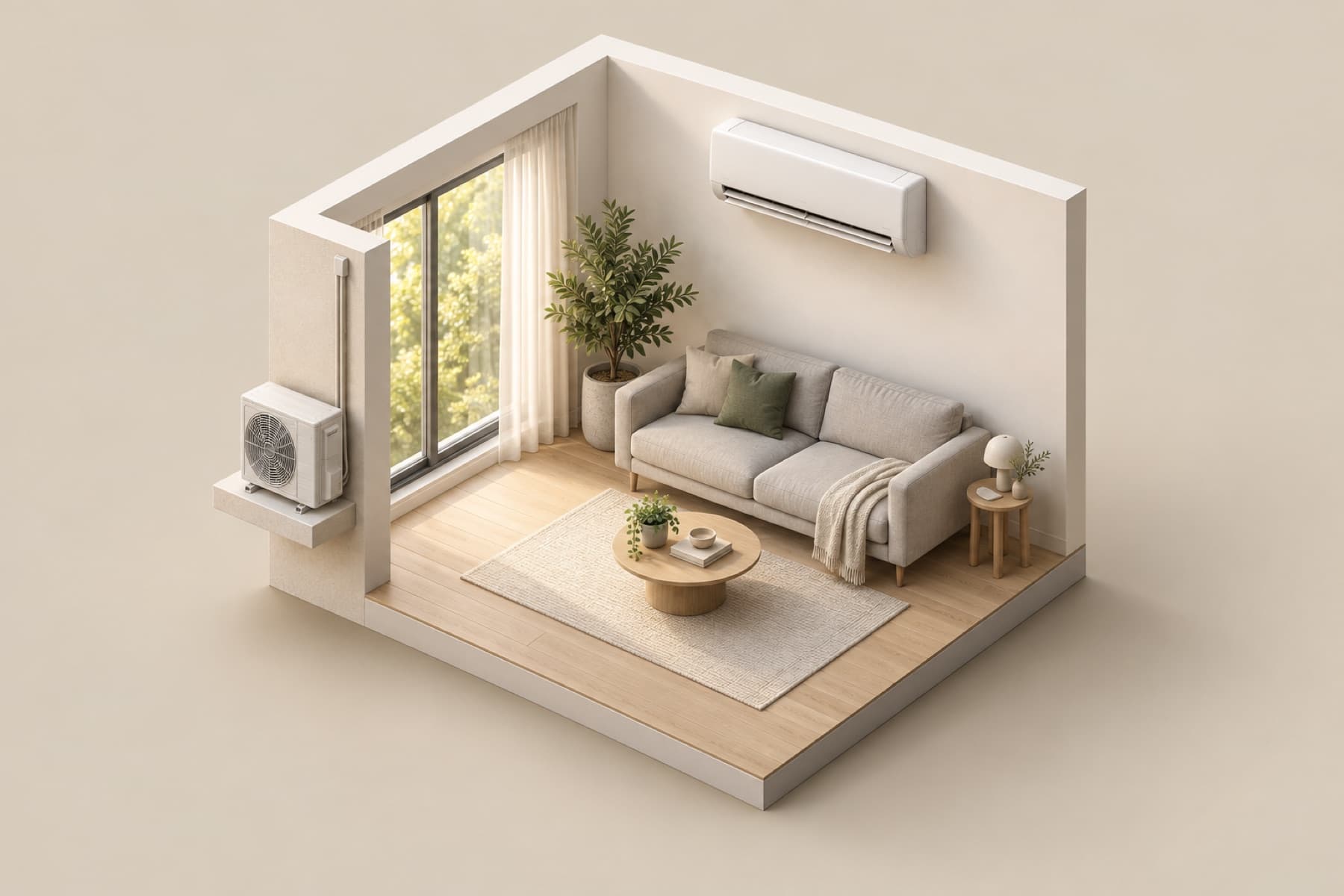 A rendered model of an apartment room with a wall-mounted air conditioner