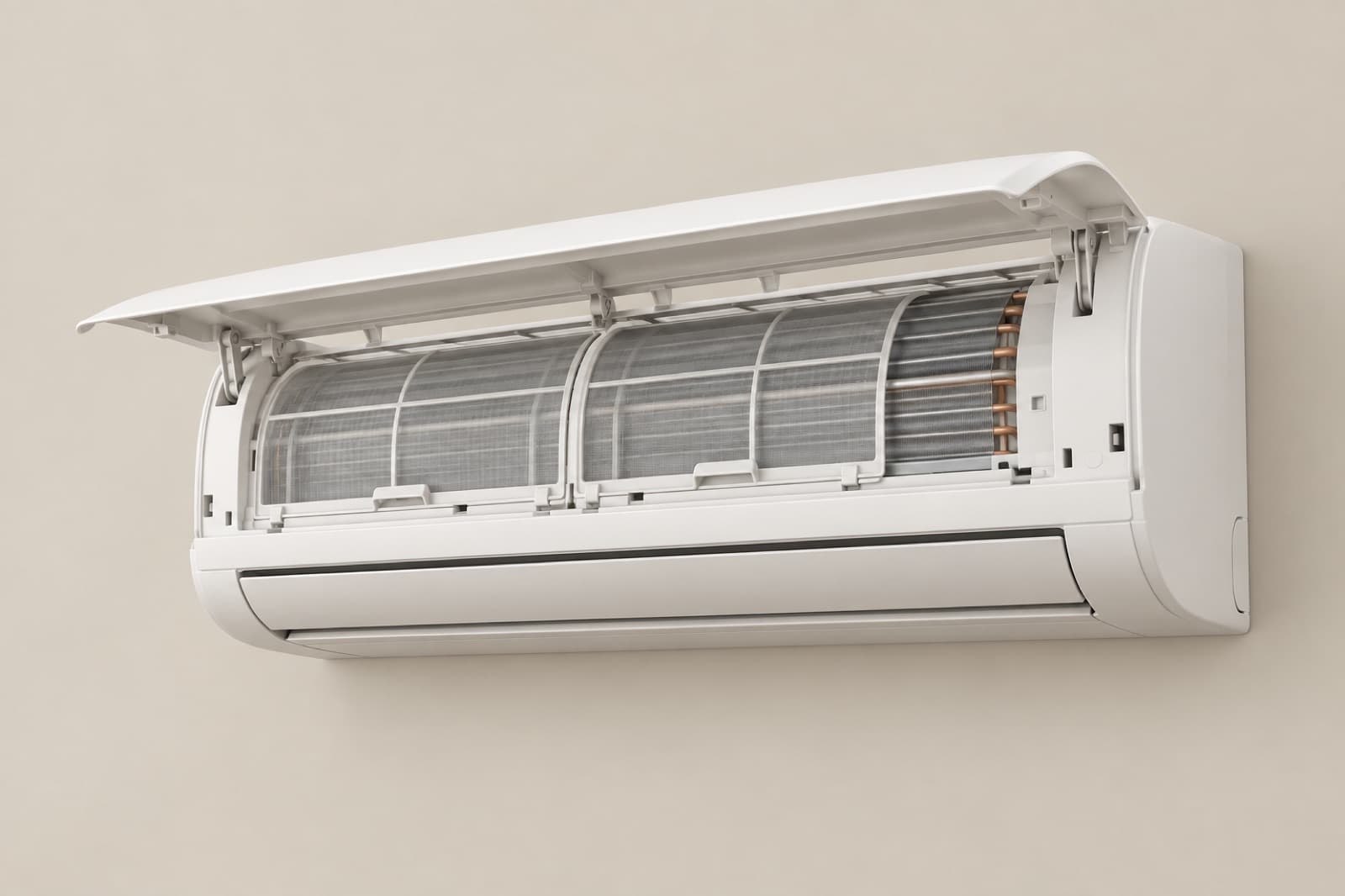 A rendered wall-mounted air conditioner with its cover open, showing clean filters
