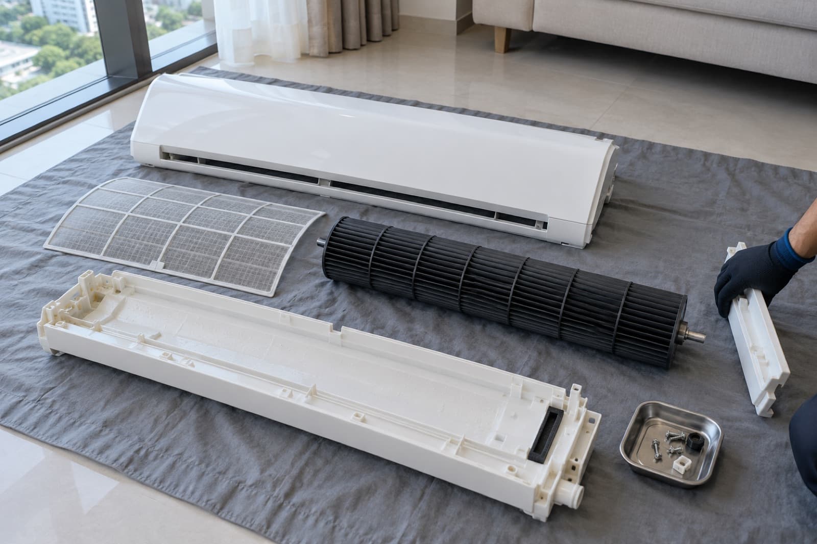The parts of a dismantled fan coil laid out on a protective sheet
